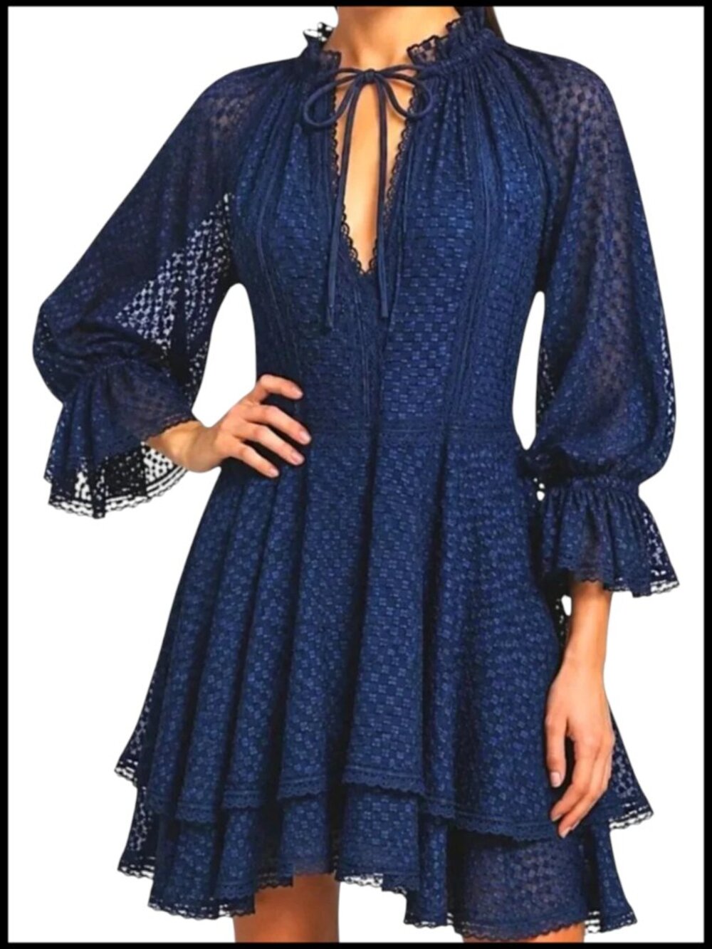 Alice + Olivia Mini Dress Navy Chiffon Tiered Ruffle 0